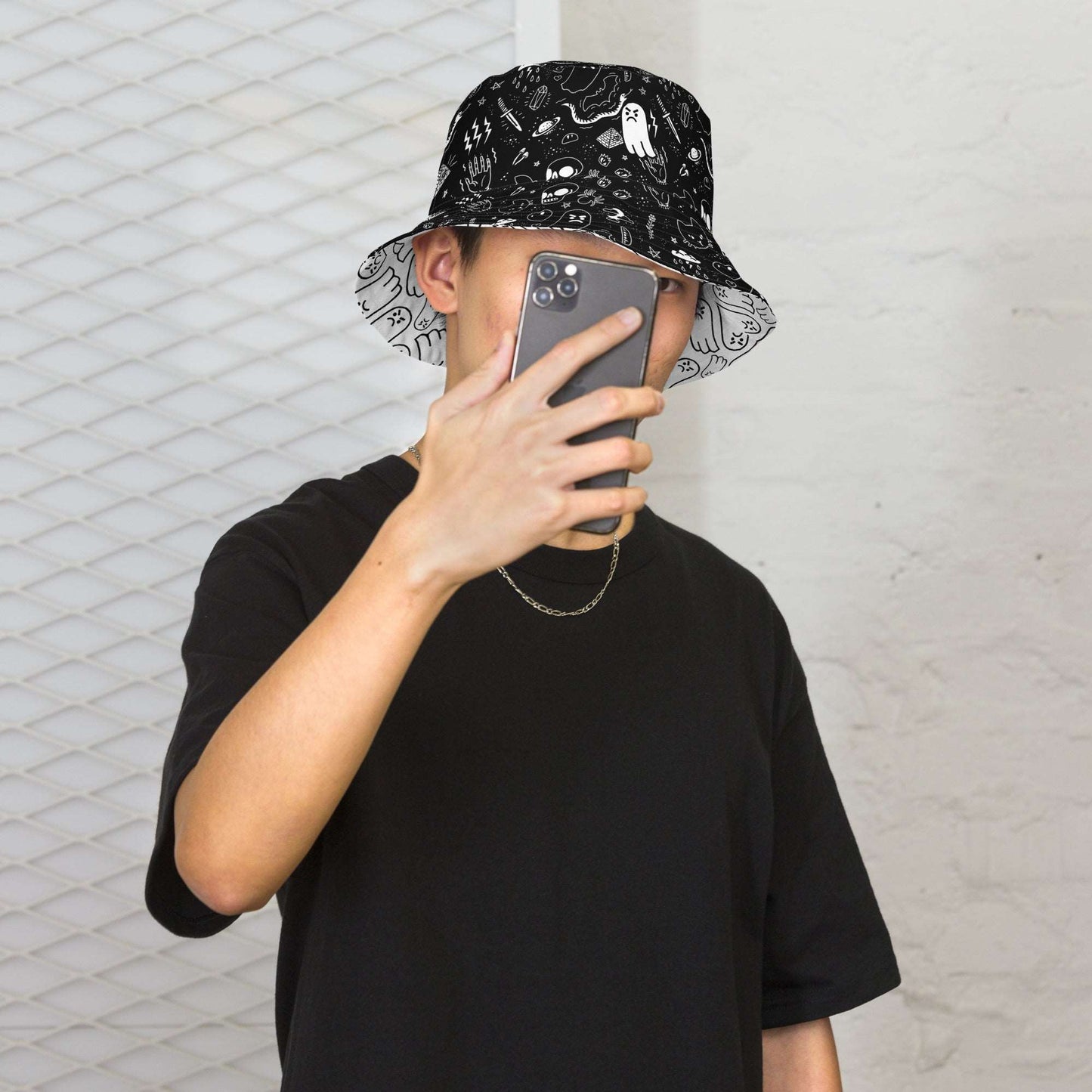 Grumpy Ghost Mythical Pattern Reversible Bucket Hat